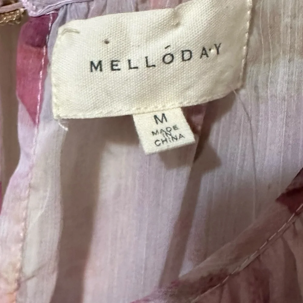 MELLODAY pink floral short sleeved sheer tiered dress shell size Medium
